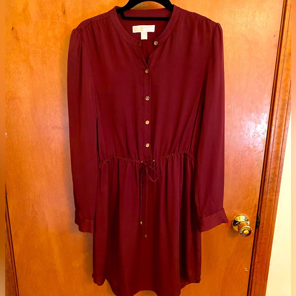 Michael Kors 100% silk Burgundy Long Sleeve Button Front Dress